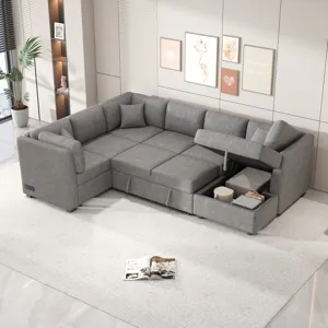 U-Shaped Sectional Sofa Pull Out Sofa Bed With Two USB Ports, Two Power Sockets, Three Back Pillows 
