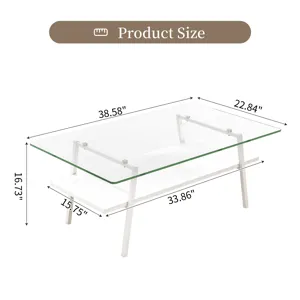 Rectangle Coffee Table, Tempered Glass Tabletop With Metal Legs, Modern Table For Living Room - Tran