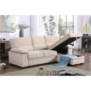 Kipling - Velvet Fabric Reversible Sleeper Sectional Sofa Chaise - Beige