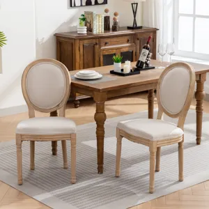 French Style Solid Wood Frame Antique Painting Linen Fabric Back Dining Chair (Set of 2) - Beige