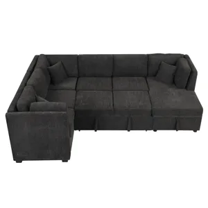 U-Shaped Sectional Sofa Pull Out Sofa Bed With Two USB Ports, Two Power Sockets, Three Back Pillows 