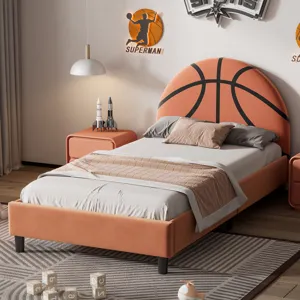 Basketball Design Upholstered Twin Platform Bed Sport Style Bed For Boys & Girls, Teens - Orange