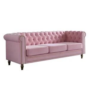 Chesterfield - Velvet Sofa 84.65\" For Living Room - Pink