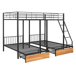 Full Over Twin & Twin Bunk Bed, Metal Triple Bunk Bed With Drawers And Guardrails - Black
