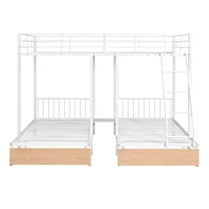 Full Over Twin & Twin Bunk Bed, Metal Triple Bunk Bed With Drawers And Guardrails - White
