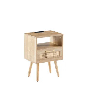 15.75\" Rattan End Table With Power Outlet & USB Ports, Modern Nightstand With Drawer And Solid Wood