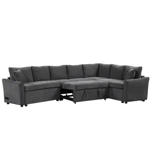 L-Shaped Sofa Convertible Sofa Bed Pull Out Sofa Sleeper With Two Back Pillows, Two USB Ports And Tw