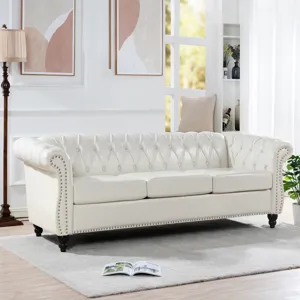 84.65\" Rolled Arm Chesterfield 3 Seater Sofa - White