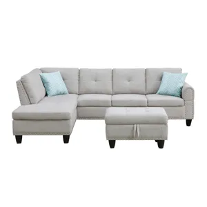 Alger - 98" Wide Left Hand Facing Sofa & Chaise With Ottoman - Light Gray