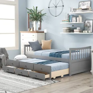 Twin Size Daybed With Trundle And Drawers - Gray