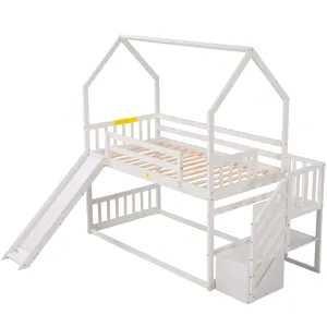 Twin Over Twin House Bunk Bed With Convertible Slide, Storage Staircase - White