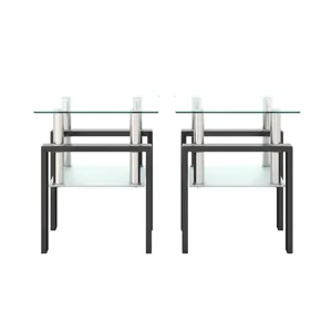 Modern Tempered Glass Tea Table, End Square Table For Living Room (Set of 2) - Transparent / Black