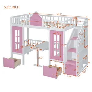 Twin Over Twin Bunk Bed With Changeable Table, Bunk Bed Turn Into Upper Bed And Down Desk - Pink