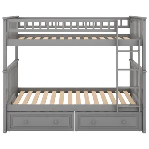 Twin Over Twin Bunk Bed With Drawers, Convertible Beds - Gray