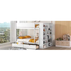 Full Over Full Bunk Bed With 2 Drawers And Multi - Layer Cabinet - White