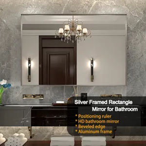 40X30\" Silver Rectangular Wall-Mounted Beveled Bathroom Mirror, Square Angle Metal Frame Wall Mount