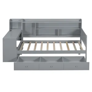 Twin Size Wooden Daybed With 3 Drawers, USB Ports And Desk - Gray
