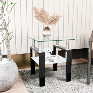 Modern Tempered Glass Tea Table, End Square Table For Living Room - Transparent / Black