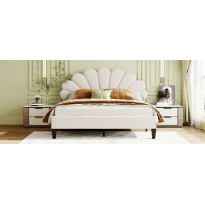 Queen Size Upholstered Platform Bed With Flower Pattern Velvet Headboard - Beige