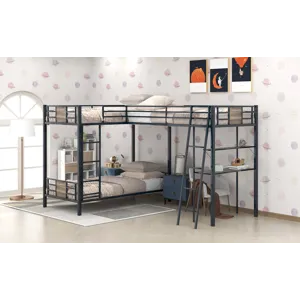 L-Shaped Twin Over Twin Bunk Bed With Twin Size Loft Bed With Desk And Shelf - Brown