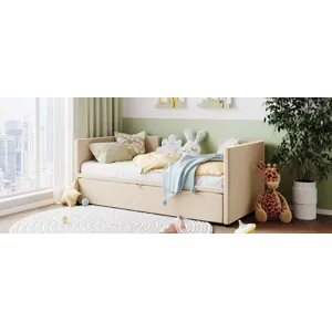 Twin Size Upholstered Daybed With Pop Up Trundle - Beige