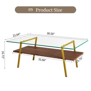 Rectangle Coffee Table, Tempered Glass Tabletop With Gold Metal Legs, Modern Table For Living Room, 