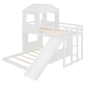 Wooden Twin Over Full Bunk Bed, Loft Bed With Playhouse, Farmhouse, Ladder, Slide And Guardrails - W