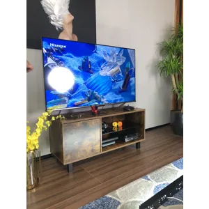 Rustic Brown TV Console With Push-To-Open Storage Cabinet For TV, Wood & Glass TV Stand For Living R