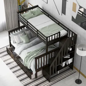 Twin Over Full Stairway Bunk Bed With Drawer, Storage And Guard Rail For Bedroom, Dorm, For Adults -