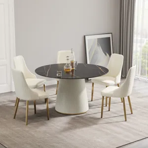 Modern Artificial Stone Round Plywood PU Base Dining Table, Can Accommodate 6 People, (Not Including