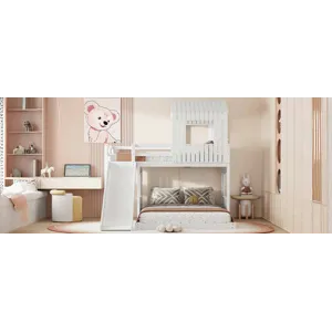 Wooden Twin Over Full Bunk Bed, Loft Bed With Playhouse, Farmhouse, Ladder, Slide And Guardrails - W