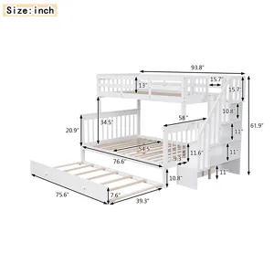 Twin Over Full Bunk Bed With Twin Size Trundle, Storage And Guard Rail For Bedroom, Dorm, For Adults