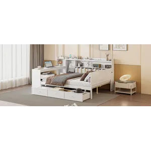 Full Size Wooden Daybed With 3 Drawers, USB Ports And Desk - White