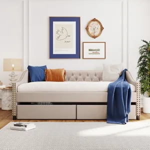 Full Size Upholstered Daybed With Two Drawers, Wood Slat Support - Beige