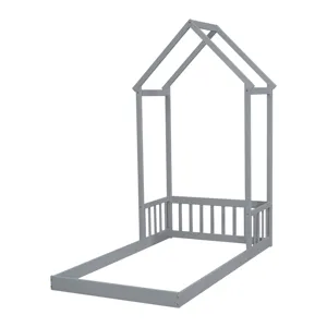 Twin House-Shaped Roof Headboard Floor Bed, (Without Slats) - Gray
