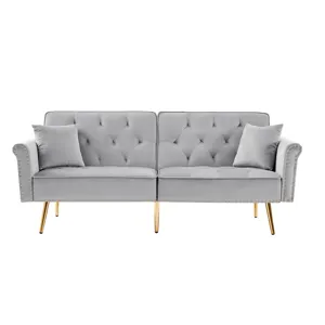 Velvet Tufted Sofa Couch With 2 Pillows And Nailhead Trim - Light Gray
