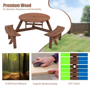 6 Person Circular Outdoor Wooden Picnic Table For Patio, Backyard, Garden, Diy With 3 Built-In Bench