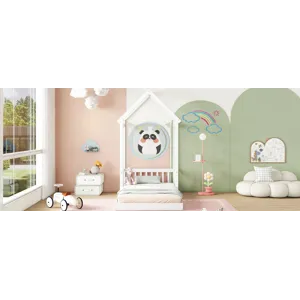 Twin House-Shaped Roof Headboard Floor Bed, (Without Slats) - White