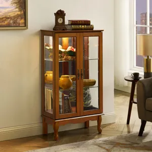 Curio Cabinet Lighted Curio Diapaly Cabinet With Adjustable Shelves And Mirrored Back Panel, Tempere
