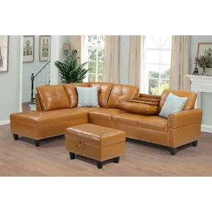 Irine - Faux Leather Sectional Sofa With Ottoman - Ginger