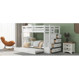 Twin Over Twin Bunk Bed With Trundle And Staircase - White