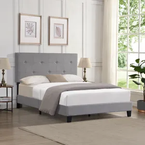 Queen Size Upholstered Platform Bed Frame With Button Tufted Linen Headboard, No Box Spring Needed, 