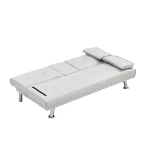 Futon Sofa Bed With Armrest Two Holders - White