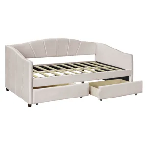 Twin Size Upholstered Daybed With Two Drawers And Wood Slat - Beige