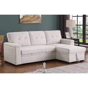 Lucca II  - 84.5\"W Beige Woven Fabric Reversible Sleeper Sectional Sofa With Storage Chaise and Poc
