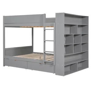 Full Over Full Bunk Bed With 2 Drawers And Multi - Layer Cabinet - Gray
