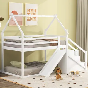 Twin Over Twin House Loft Or Bunk Bed With Slide And Staircase - White