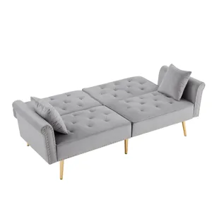 Velvet Tufted Sofa Couch With 2 Pillows And Nailhead Trim - Light Gray