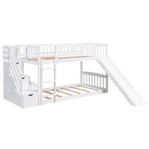 Stairway Twin Over Twin Bunk Bed With Two Drawers And Slide - White