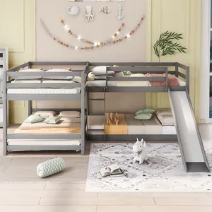 Full And Twin Size L-Shaped Bunk Bed With Slide And Short Ladder - Gray